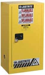 Justrite - 1 Door, 1 Shelf, Yellow Steel Space Saver Safety Cabinet for Flammable and Combustible Liquids - 44" High x 23-1/4" Wide x 18" Deep, Self Closing Door, 15 Gal Capacity - Best Tool & Supply