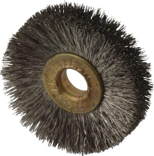 Osborn - 1-1/4" OD, 1/4" Arbor Hole, Crimped Stainless Steel Wheel Brush - 3/16" Face Width, 21/64" Trim Length, 0.005" Filament Diam, 20,000 RPM - Best Tool & Supply