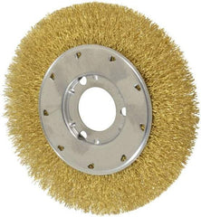 Osborn - 6" OD, 1-1/4" Arbor Hole, Crimped Brass Wheel Brush - 5/8" Face Width, 1-1/8" Trim Length, 0.014" Filament Diam, 6,000 RPM - Best Tool & Supply