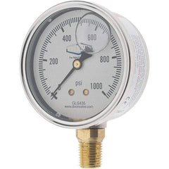 Value Collection - 2-1/2" Dial, 1/4 Thread, 0-1,000 Scale Range, Pressure Gauge - Lower Connection Mount, Accurate to 2-1-2% of Scale - Best Tool & Supply