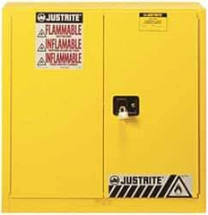 Justrite - 2 Door, 3 Shelf, Yellow Steel Standard Safety Cabinet for Flammable and Combustible Liquids - 44" High x 43" Wide x 18" Deep, Manual Closing Door, 3 Point Key Lock, 40 Gal Capacity - Best Tool & Supply