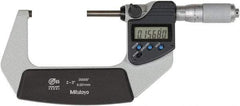 Mitutoyo - 2 to 3 Inch Range, 0 Inch Resolution, Standard Throat, IP65 Electronic Outside Micrometer - 0.0001 Inch Accuracy, Ratchet Friction Thimble, Rotating Spindle, SR44 Battery, Includes NIST Traceability Certification - Best Tool & Supply