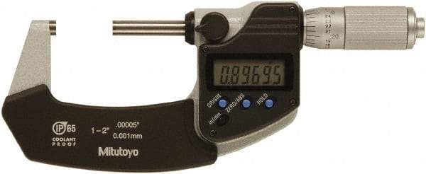 Mitutoyo - 1 to 2 Inch Range, 0 Inch Resolution, Standard Throat, IP65 Electronic Outside Micrometer - 0.0001 Inch Accuracy, Ratchet Friction Thimble, Rotating Spindle, SR44 Battery, Includes NIST Traceability Certification - Best Tool & Supply