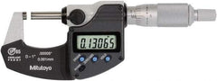 Mitutoyo - 0 to 1 Inch Range, 0.0001 Inch Resolution, Standard Throat, IP65 Electronic Outside Micrometer - 0.0001 Inch Accuracy, Ratchet Stop Thimble, Rotating Spindle, SR44 Battery, Includes NIST Traceability Certification - Best Tool & Supply