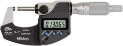 Mitutoyo - 0 to 1 Inch Range, 0 Inch Resolution, Standard Throat, IP65 Electronic Outside Micrometer - 0.0001 Inch Accuracy, Ratchet Stop Thimble, Rotating Spindle, SR44 Battery, Data Output, Includes NIST Traceability Certification - Best Tool & Supply