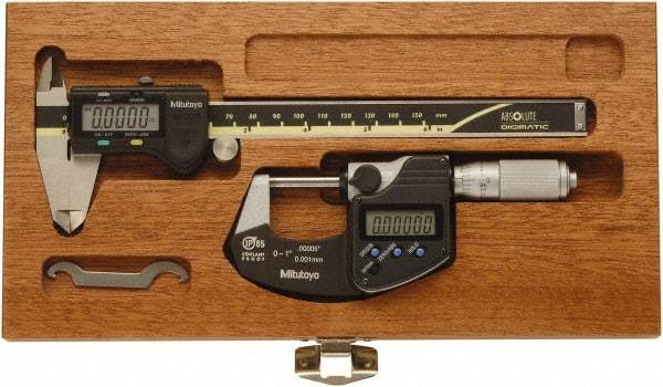 Mitutoyo - 4 Piece, Caliberated Machinist Caliper and Micrometer Tool Kit - 0 to 6 Inch Caliper, 0.0005 Inch Caliper Resoluion, 0 to 1 Inch Micrometer, 0.0001 Inch Graduation, 0.0005 Inch Resoluion - Best Tool & Supply