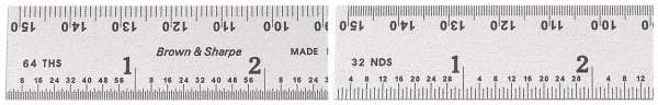 TESA Brown & Sharpe - 6" Long, 1/64, 1/32" and 0.5, 1mm Graduation, Rigid Steel Rule - English/Metric Graduation Style, 3/4" Wide, Silver, Satin Chrome Finish - Best Tool & Supply