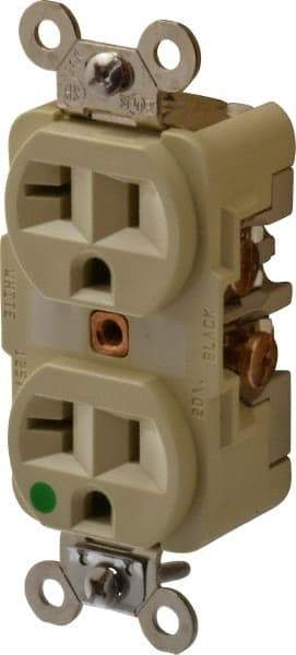 Hubbell Wiring Device-Kellems - 125 VAC, 20 Amp, 5-20R NEMA Configuration, Ivory, Hospital Grade, Self Grounding Duplex Receptacle - 1 Phase, 2 Poles, 3 Wire, Flush Mount, Chemical, Corrosion and Impact Resistant - Best Tool & Supply