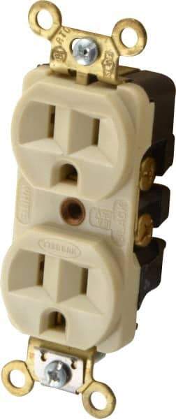 Hubbell Wiring Device-Kellems - 125 VAC, 15 Amp, 5-15R NEMA Configuration, Ivory, Industrial Grade, Self Grounding Duplex Receptacle - 1 Phase, 2 Poles, 3 Wire, Flush Mount, Corrosion, Heat and Impact Resistant - Best Tool & Supply