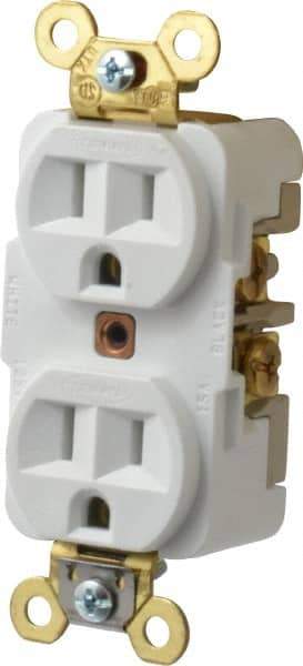 Hubbell Wiring Device-Kellems - 125 VAC, 15 Amp, 5-15R NEMA Configuration, White, Specification Grade, Self Grounding Duplex Receptacle - 1 Phase, 2 Poles, 3 Wire, Flush Mount, Corrosion, Heat and Impact Resistant - Best Tool & Supply