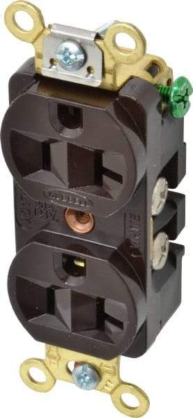 Hubbell Wiring Device-Kellems - 125 VAC, 20 Amp, 5-20R NEMA Configuration, Brown, Industrial Grade, Self Grounding Duplex Receptacle - 1 Phase, 2 Poles, 3 Wire, Flush Mount, Corrosion, Heat and Impact Resistant - Best Tool & Supply