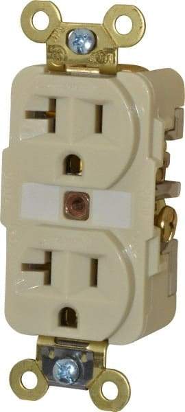 Hubbell Wiring Device-Kellems - 125 VAC, 20 Amp, 5-20R NEMA Configuration, Ivory, Specification Grade, Self Grounding Duplex Receptacle - 1 Phase, 2 Poles, 3 Wire, Flush Mount, Corrosion, Heat and Impact Resistant - Best Tool & Supply