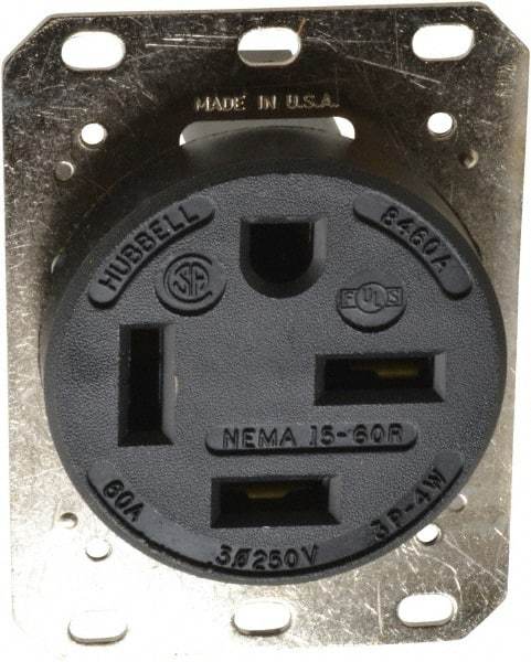 Hubbell Wiring Device-Kellems - 250 VAC, 60 Amp, 15-60R NEMA Configuration, Black, Industrial Grade, Self Grounding Single Receptacle - 1 Phase, 3 Poles, 4 Wire, Flush Mount - Best Tool & Supply