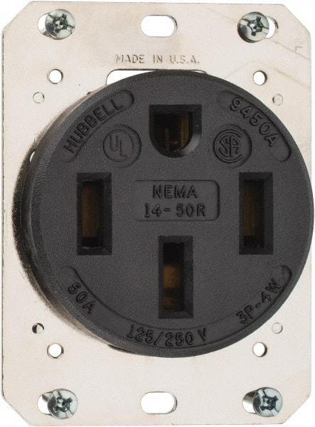 Hubbell Wiring Device-Kellems - 125/250 VAC, 50 Amp, 14-50R NEMA Configuration, Black, Industrial Grade, Self Grounding Single Receptacle - 1 Phase, 3 Poles, 4 Wire, Flush Mount - Best Tool & Supply