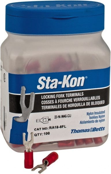 Thomas & Betts - #6 Stud, 22 to 16 AWG Compatible, Partially Insulated, Crimp Connection, Locking Fork Terminal - Best Tool & Supply