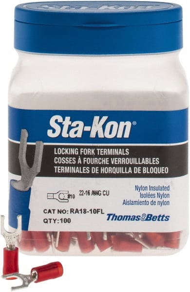 Thomas & Betts - #10 Stud, 22 to 16 AWG Compatible, Partially Insulated, Crimp Connection, Locking Fork Terminal - Best Tool & Supply