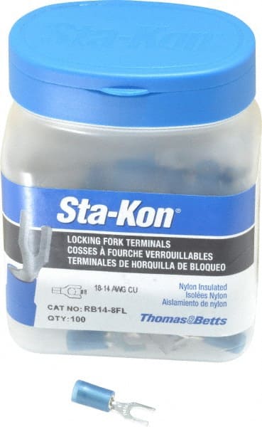 Thomas & Betts - #8 Stud, 18 to 14 AWG Compatible, Partially Insulated, Crimp Connection, Locking Fork Terminal - Best Tool & Supply