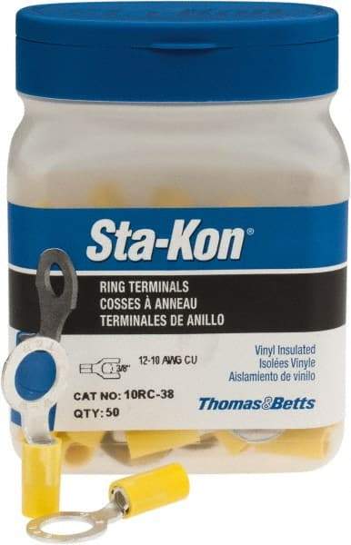 Thomas & Betts - 12-10 AWG Partially Insulated Crimp Connection D Shaped Ring Terminal - 3/8" Stud, 1.29" OAL x 0.59" Wide, Tin Plated Copper Contact - Best Tool & Supply