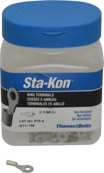 Thomas & Betts - 22-16 AWG Noninsulated Crimp Connection D Shaped Ring Terminal - #4 Stud, 3/4" OAL x 0.31" Wide, Tin Plated Copper Contact - Best Tool & Supply