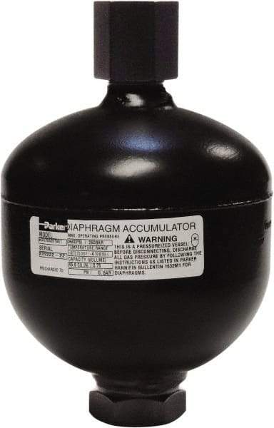 Parker - 60 Lb. Capacity, 3,045 psi Max Working Pressure, 7.09" High, Hydrin Diaphragm Accumulator - 5.36" Diam, 8 SAE Port Thread - Best Tool & Supply