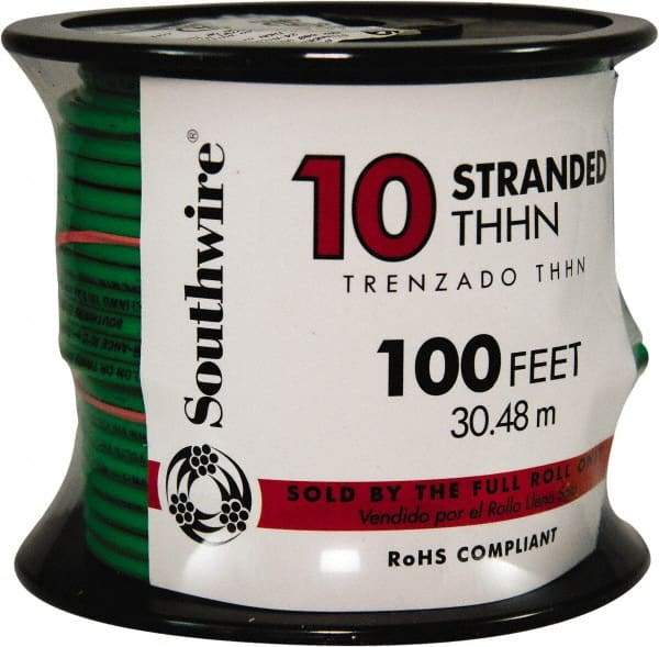 Southwire - THHN/THWN, 10 AWG, 30 Amp, 100' Long, Stranded Core, 19 Strand Building Wire - Green, Thermoplastic Insulation - Best Tool & Supply