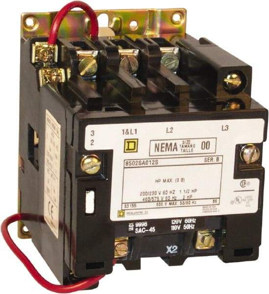 Square D - 3 Pole, 550 Coil VAC at 50 Hz and 600 Coil VAC at 60 Hz, 9 Amp NEMA Contactor - Open Enclosure, 50 Hz at 550 Hz VAC and 60 Hz at 600 VAC - Best Tool & Supply