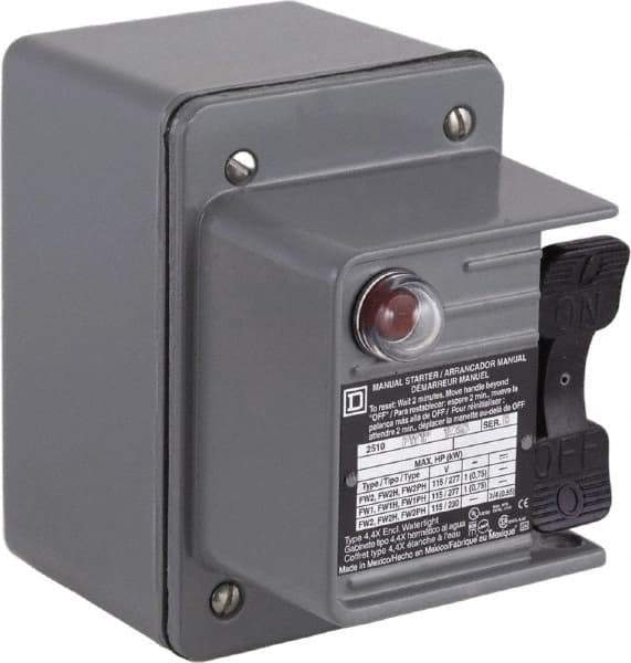 Square D - 2 Poles, 16 Amp, NEMA, Enclosed Toggle Manual Motor Starter - 1 hp at 115 VAC, 1 hp at 230 VAC, 1 hp at 277 VAC, 3/4 hp at 115 VDC & 3/4 hp at 230 VDC, CE, CSA, NEMA 4 & UL Listed - Best Tool & Supply