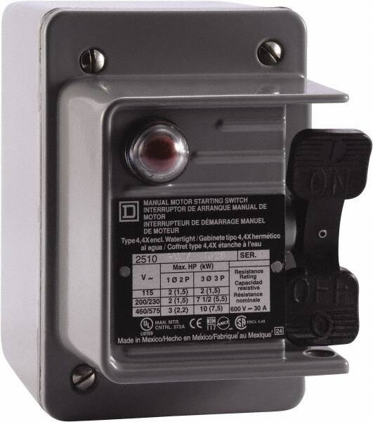 Square D - 3 Poles, 30 Amp, NEMA, Enclosed Toggle Manual Motor Starter - 1 hp at 90 VDC, 10 hp at 460 VAC, 10 hp at 575 VAC, 1-1/2 hp at 230 VDC, 2 hp at 115 VAC, 2 hp at 115 VDC & 7-1/2 hp at 230 VAC, CE, CSA, NEMA 4 & UL Listed - Best Tool & Supply