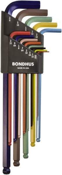 Bondhus - 13 Piece L-Key Ball End Hex Key Set - Hex Range 0.05 to 3/8", 7.8" OAL - Best Tool & Supply