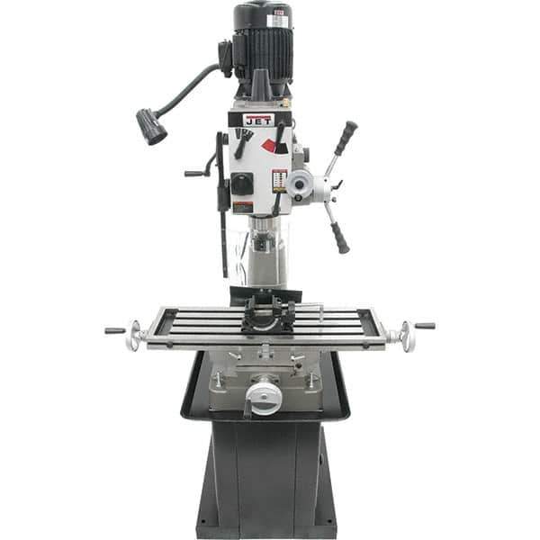 Jet - 1 Phase, 20-1/2" Swing, Geared Head Mill Drill Combination - 32-1/4" Table Length x 9-1/2" Table Width, 20-1/2" Longitudinal Travel, 8-1/4" Cross Travel, 6 Spindle Speeds, 1.5 hp, 115/230 Volts - Best Tool & Supply