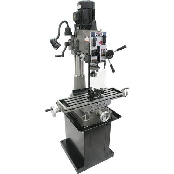 Jet - 1 Phase, 20-1/2" Swing, Geared Head Mill Drill Combination - 32-1/4" Table Length x 9-1/2" Table Width, 20-1/2" Longitudinal Travel, 8-1/4" Cross Travel, 6 Spindle Speeds, 1.5 hp, 115/230 Volts - Best Tool & Supply