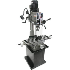 Jet - 1 Phase, 20-1/2" Swing, Geared Head Mill Drill Combination - 32-1/4" Table Length x 9-1/2" Table Width, 20-1/2" Longitudinal Travel, 8-1/4" Cross Travel, 6 Spindle Speeds, 1.5 hp, 115/230 Volts - Best Tool & Supply