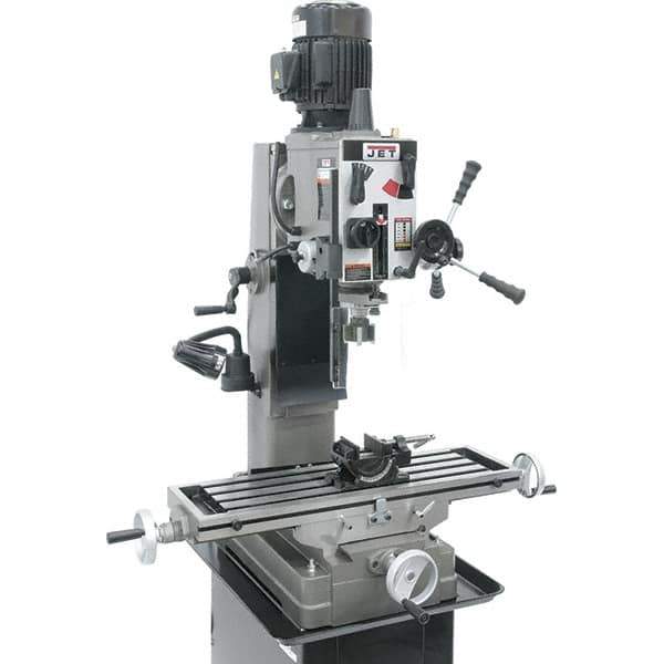 Jet - 3 Phase, 19-11/16" Swing, Geared Head Mill Drill Combination - 32-1/4" Table Length x 9-1/2" Table Width, 20-1/2" Longitudinal Travel, 8-1/4" Cross Travel, Variable Spindle Speeds, 1.5 hp, 230 Volts - Best Tool & Supply