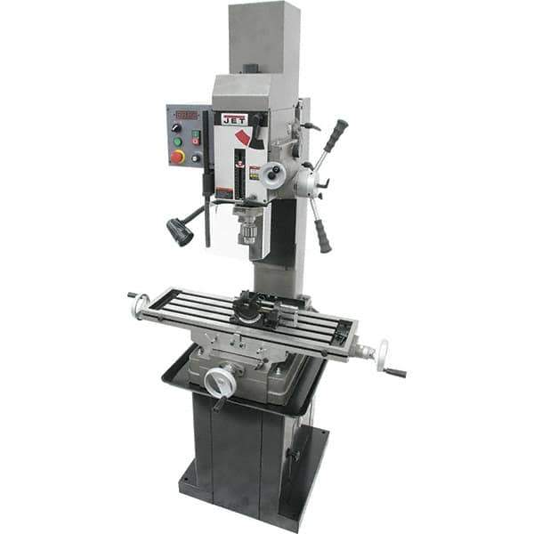 Jet - 3 Phase, 19-11/16" Swing, Geared Head Mill Drill Combination - 32-1/4" Table Length x 9-1/2" Table Width, 20-1/2" Longitudinal Travel, 8-1/4" Cross Travel, Variable Spindle Speeds, 1.5 hp, 230 Volts - Best Tool & Supply