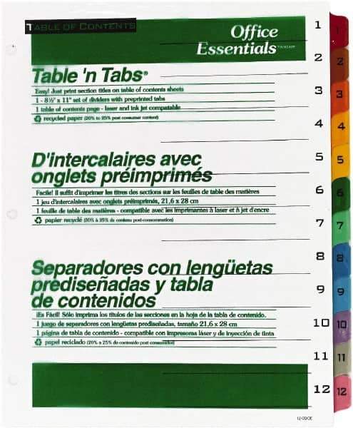 Office Essentials - 11 x 8 1/2" 1 to 12" Label, 12 Tabs, 3-Hole Punched, Preprinted Divider - Multicolor Tabs, White Folder - Best Tool & Supply