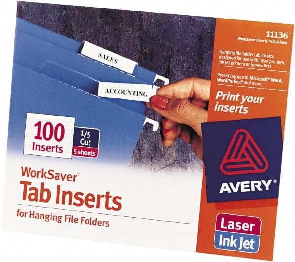 2″ 100 Tabs, Unpunched, Hanging Divider Clear Tabs, White Folder