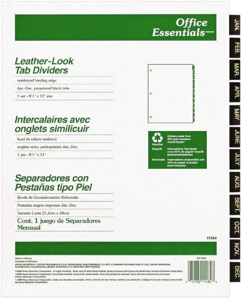 Office Essentials - 11 x 8 1/2" Jan to Dec Label, 12 Tabs, 3-Hole Punched, Preprinted Divider - Black Tabs, Buff Folder - Best Tool & Supply