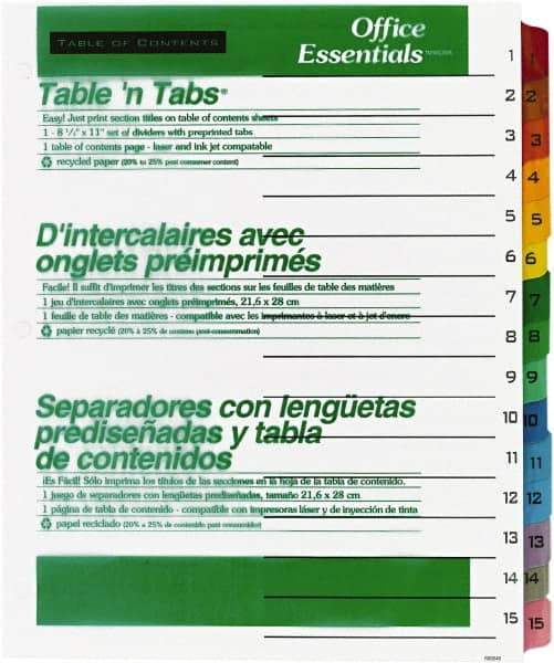 Office Essentials - 11 x 8 1/2" 1 to 15" Label, 15 Tabs, 3-Hole Punched, Preprinted Divider - Multicolor Tabs, White Folder - Best Tool & Supply