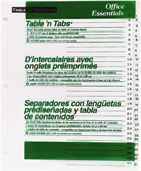 Office Essentials - 11 x 8 1/2" 1 to 31" Label, 31 Tabs, 3-Hole Punched, Preprinted Divider - White - Best Tool & Supply