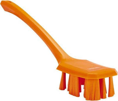 Vikan - 2-3/4" Bristle Length, Polyester Scrub Brush - 12" Long x 2-7/8" Wide Head, 15-1/2" OAL, Long Handle, Orange, Polypropylene Block - Best Tool & Supply