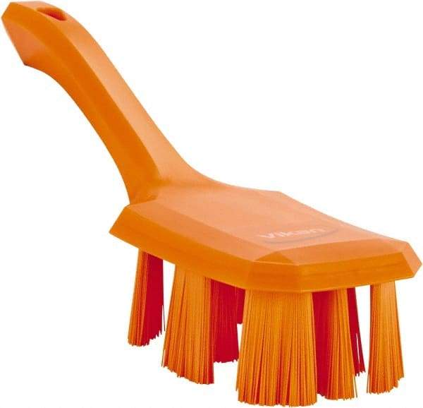 Vikan - 2-3/4" Bristle Length, Polyester Scrub Brush - 8" Long x 2-7/8" Wide Head, 10" OAL, Short Handle, Orange, Polypropylene Block - Best Tool & Supply