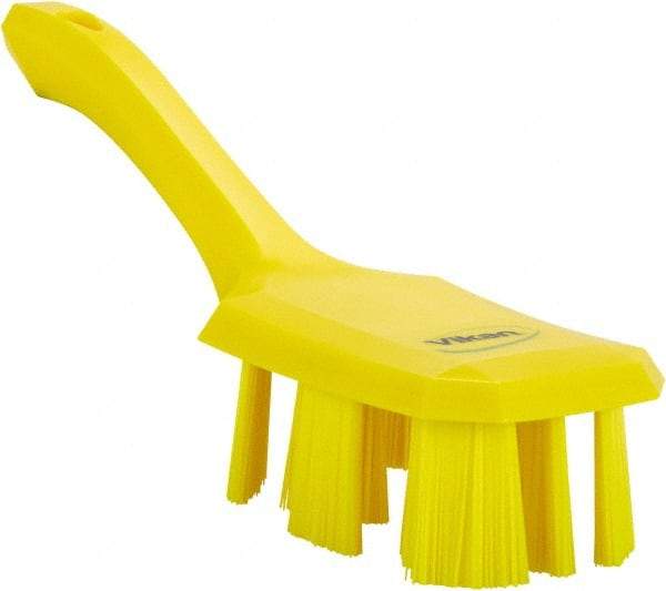 Vikan - 2-3/4" Bristle Length, Polyester Scrub Brush - 8" Long x 2-7/8" Wide Head, 10" OAL, Short Handle, Yellow, Polypropylene Block - Best Tool & Supply