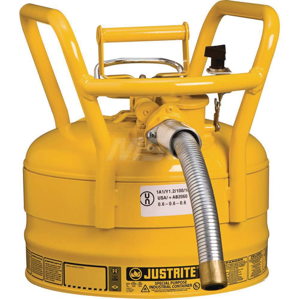 Justrite - Safety Dispensing Cans; Capacity: 2.5 Gal ; Material: Steel ; Color: Yellow ; Height (Decimal Inch): 12.700000 ; Diameter/Length (mm): 11.75 ; Approval Listing/Regulations: FM Approved; DOT; UN - Exact Industrial Supply