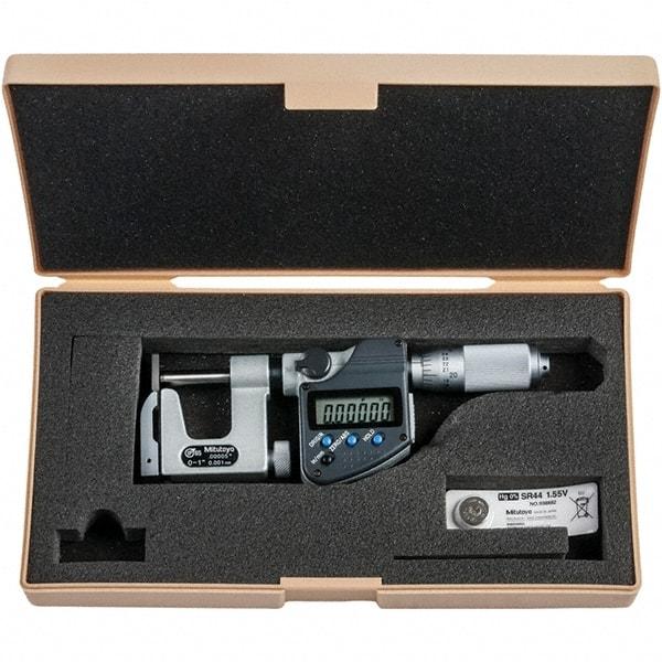 Mitutoyo - 0 to 1" Range, 0.00005" Resolution, Interchangeable Anvil Type Throat IP65 Electronic Outside Micrometer - 0.0002" Accuracy, Friction Thimble, Carbide-Tipped Face, SR44 Battery - Best Tool & Supply