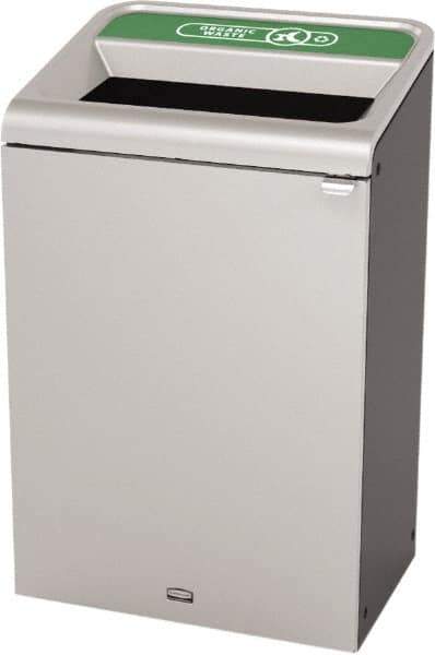 Rubbermaid - 33 Gal Gray Rectangle Decorative Indoor Single Stream Waste Receptacle - Metal, Organic Waste Graphic, 37.965" High x 24.051" Long x 19-1/2" Wide, Lid Included - Best Tool & Supply