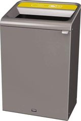 Rubbermaid - 33 Gal Gray Rectangle Decorative Indoor Single Stream Waste Receptacle - Metal, Cans Graphic, 37.965" High x 24.051" Long x 19-1/2" Wide, Lid Included - Best Tool & Supply