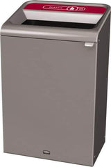 Rubbermaid - 33 Gal Gray Rectangle Decorative Indoor Single Stream Waste Receptacle - Metal, Plastic Graphic, 37.965" High x 24.051" Long x 19-1/2" Wide, Lid Included - Best Tool & Supply