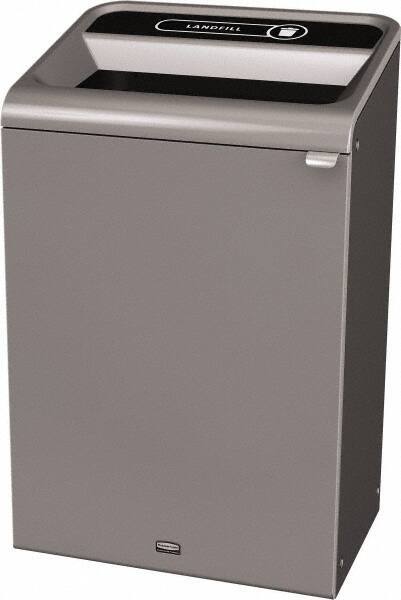 Rubbermaid - 33 Gal Gray Rectangle Decorative Indoor Single Stream Waste Receptacle - Metal, Landfill Graphic, 37.965" High x 24.051" Long x 19-1/2" Wide, Lid Included - Best Tool & Supply