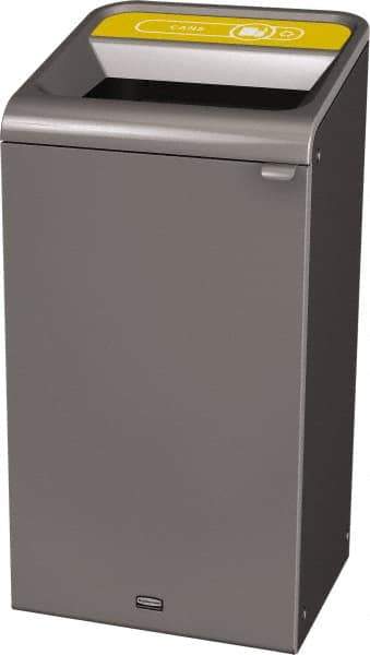 Rubbermaid - 23 Gal Gray Rectangle Decorative Indoor Single Stream Waste Receptacle - Metal, Cans Graphic, 37.965" High x 19.588" Long x 19-1/2" Wide, Lid Included - Best Tool & Supply