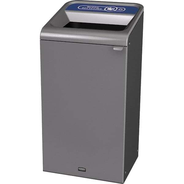 Rubbermaid - 23 Gal Gray Rectangle Decorative Indoor Single Stream Waste Receptacle - Metal, Mixed Recycling Graphic, 37.965" High x 19.588" Long x 19-1/2" Wide, Lid Included - Best Tool & Supply